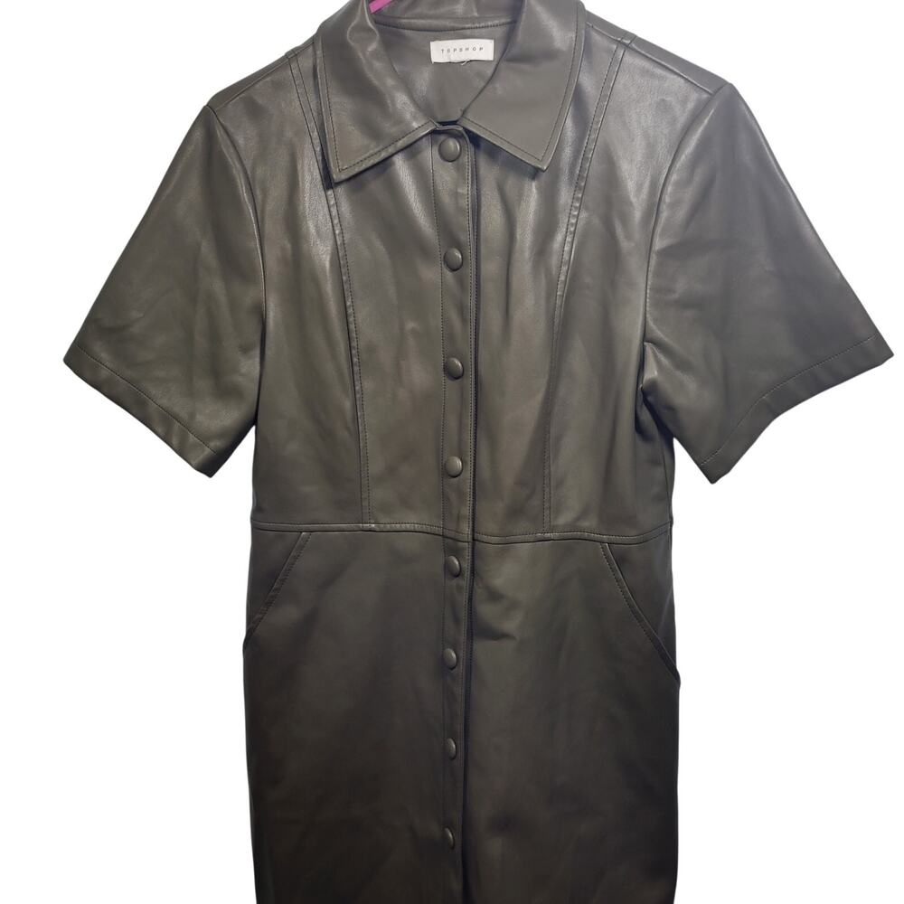 Topshop Women's Olive Green Faux Leather Vegan Mini Dress Size 8  41626-1333 - Picture 2 of 7
